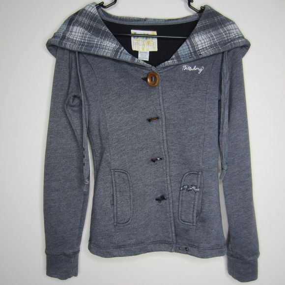 Billabong womens grey button up fleece jacket wood and metal stud details-Sz M - Picture 1 of 15